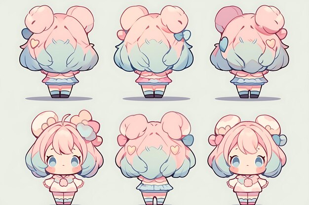 Photo feuille de concept de redressement de personnage de fille chibi anime mignon kawaii, tenues de mode élégantes et à la mode