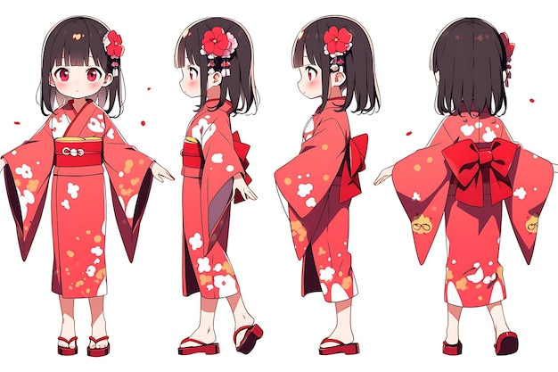 Feuille de concept de redressement de personnage de fille Chibi Anime mignon Kawaii, tenues de mode élégantes et à la mode