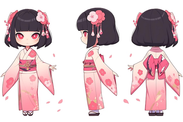 Feuille de concept de redressement de personnage de fille Chibi Anime mignon Kawaii, tenues de mode élégantes et à la mode