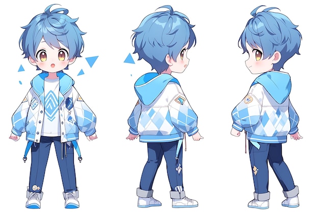 Photo feuille de concept de retournement de personnage de garçon d'un mignon anime kawaii chibi dans des vêtements élégants à la mode
