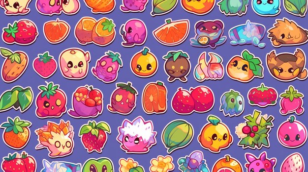 Photo la feuille d'enchantement de chibi de divers fruits déformés