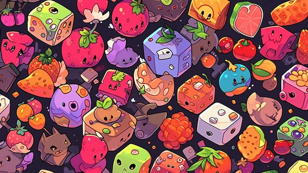 Photo la feuille d'enchantement de chibi de divers fruits déformés