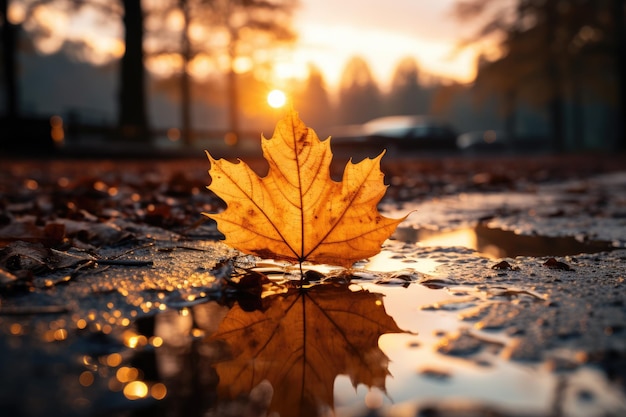 feuille d'érable au coucher du soleil sur le sol dans le style orange foncé et or clair généré par IA