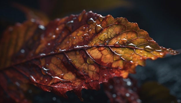Une feuille d'érable d'automne vibrante mouillée de rosée sur un fond sombre généré par l'intelligence artificielle