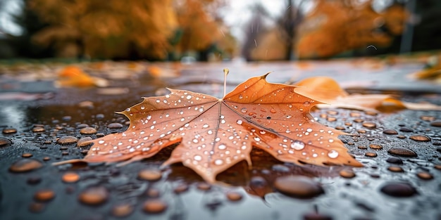 une feuille d'érable dans la pluie avec des gouttes d'eau sur le sol