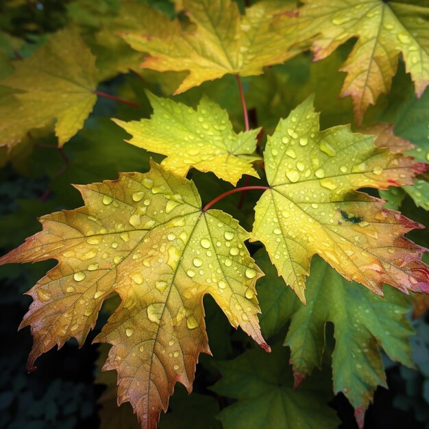 Une feuille d'érable avec des gouttelettes d'eau dessus