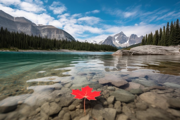 Une feuille d'érable se trouve dans l'eau devant une chaîne de montagnes.