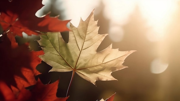 Une feuille d'érable avec le soleil qui brille à travers les feuilles