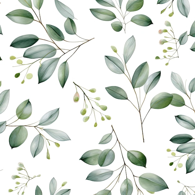 feuille d'eucalyptus sur fond blanc motif sans couture dans le style de l'argent et du vert