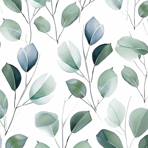 feuille d'eucalyptus sur fond blanc motif sans couture dans le style de l'argent et du vert