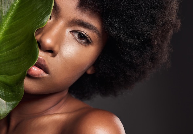 Photo feuille de femme africaine et portrait en studio avec beauté afro et bien-être avec éclat naturel sur la peau par fond sombre jeune fille modèle et plante pour le maquillage bio de soins de la peau et l'esthétique propre