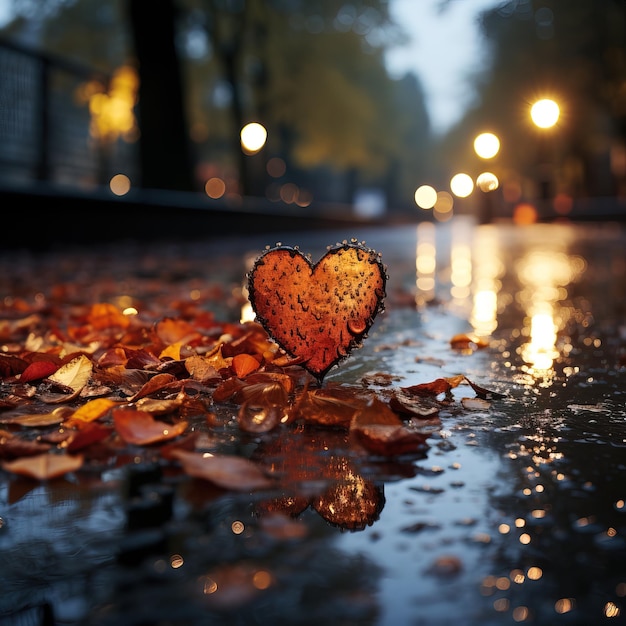 une feuille en forme de cœur sous la pluie