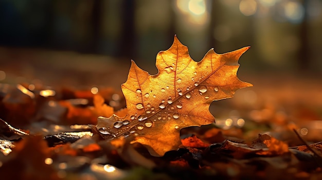 Une feuille avec des gouttes d'eau dessus est assise sur une surface humide