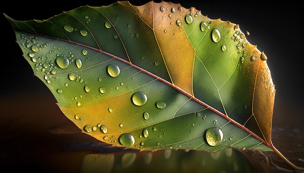 Une feuille avec des gouttes d'eau dessus est recouverte de gouttelettes d'eau.