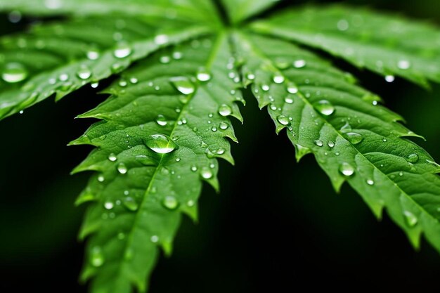 une feuille avec des gouttes d'eau dessus et un fond vert.