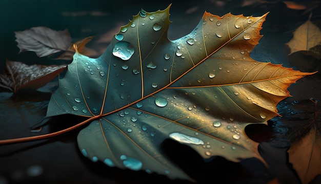 Une feuille avec des gouttes d'eau dessus qui est sombre