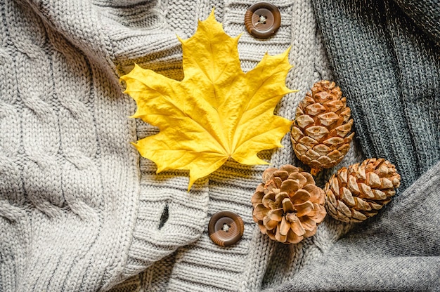 Feuille jaune d'automne et trois pommes de pin sur fond de pulls tricotés dans des tons gris