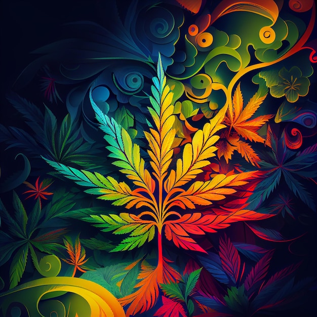 Feuille de marijuana sur fond abstrait cannabis psychédélique