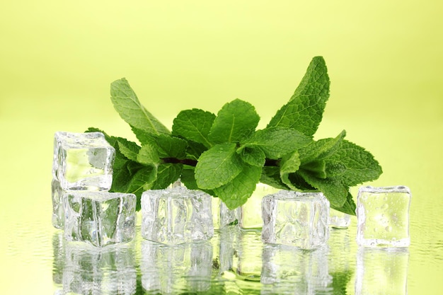 Feuille de menthe fraîche et glaçons avec des gouttelettes sur fond vert