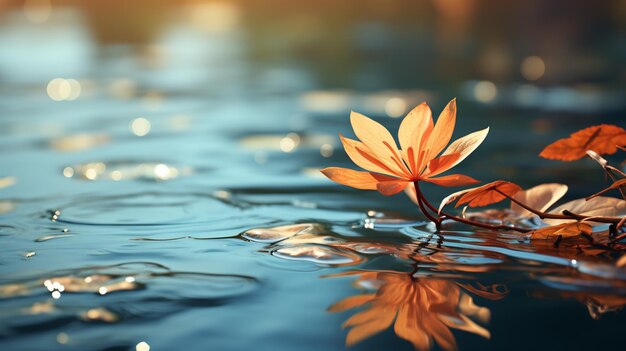 feuille d'or dans l'eau dans le style d'une atmosphère douce et rêveuse mise au point sélective bronze et bleu