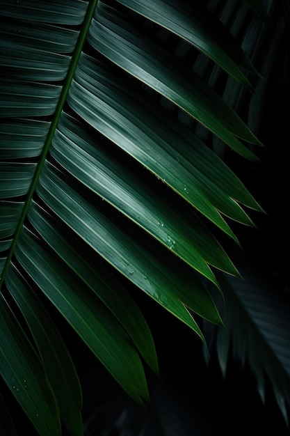 Une feuille de palmier avec des gouttes d'eau dessus
