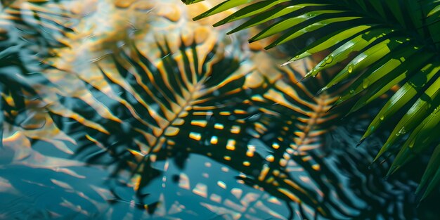 Feuille de palmier tropical avec des ombres sur la surface de l'eau de la plage de sable blanc Vacances d'été à la plage loisirs tourisme et voyage en mer concept Bel fond abstrait avec espace de copie