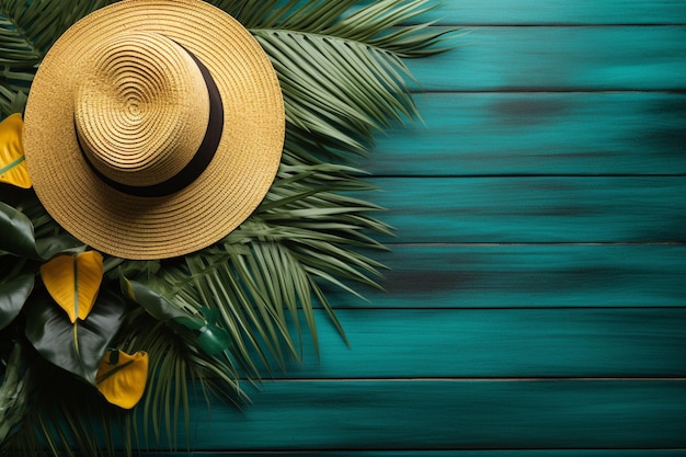 Une feuille de palmier vert et un chapeau de paille avec un chapeau jaune