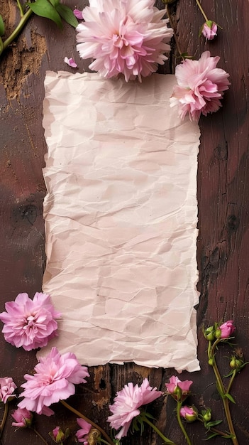 Une feuille de papier altérée au milieu de fleurs roses en fleurs sur un fond de bois rustique idéal pour des dessins organiques et romantiques