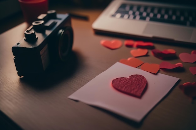 Une feuille de papier blanche avec des coeurs rouges posée sur la table à la lumière du soir