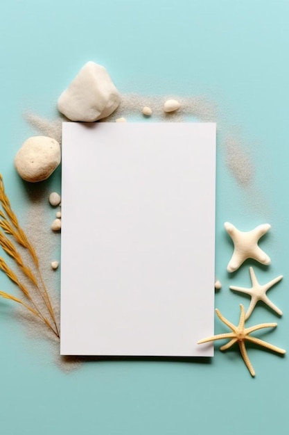 une feuille de papier blanche entourée de coquillages et d'étoiles de mer