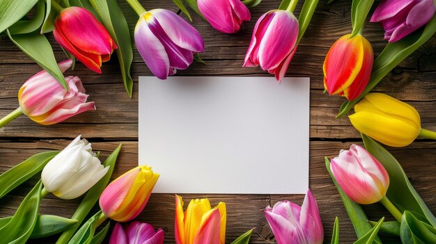 Photo une feuille de papier blanche et une maquette de cadre de fleurs de tulipes colorées