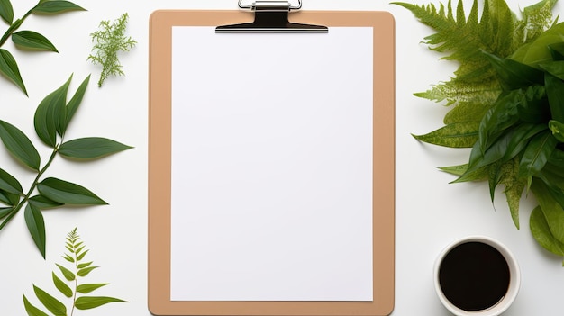Photo une feuille de papier blanche sur une tablette comme un bloc-notes affiché sur le bureau d'un artiste dans un bureau à domicile avec une maquette d'un espace de travail de vue supérieure
