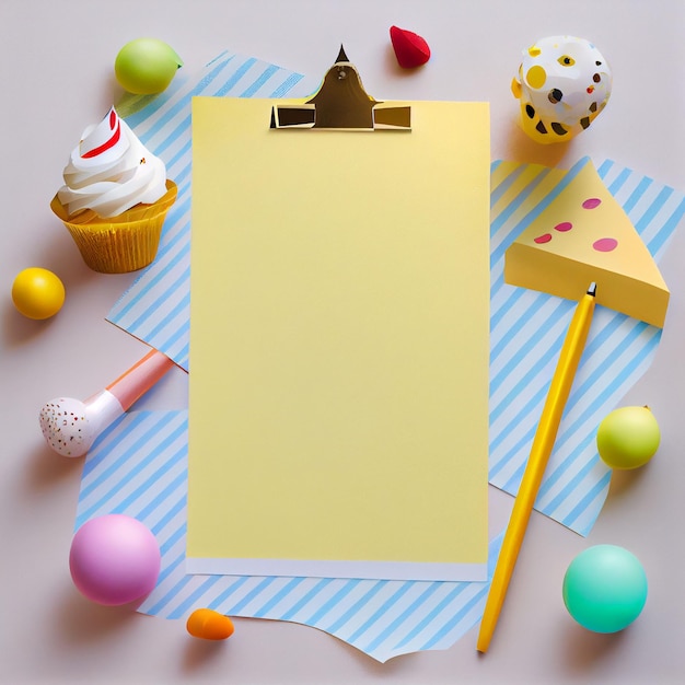 Une feuille de papier jaune avec un morceau de papier dessus et un cupcake dessus.