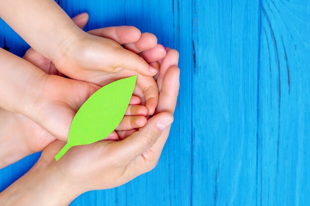 Feuille de papier vert dans les mains de l'adulte et de l'enfant.