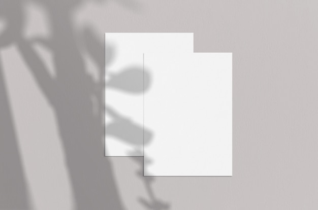 Feuille de papier vertical blanc vierge 5 x 7 pouces avec superposition d'ombres.