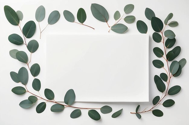 Feuille de papier vide et feuilles d'eucalyptus décoratives sur fond blanc à plat Mockup pour la conception