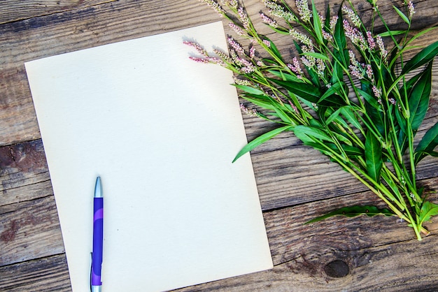 Feuille de papier vierge, un stylo et de petites fleurs, vue de dessus