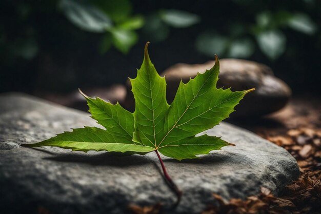 une feuille qui est sur un rocher avec le mot feuille dessus