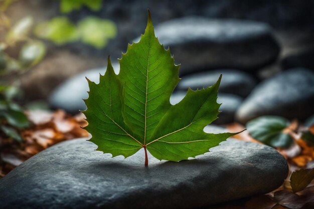 une feuille qui est sur un rocher avec quelques feuilles