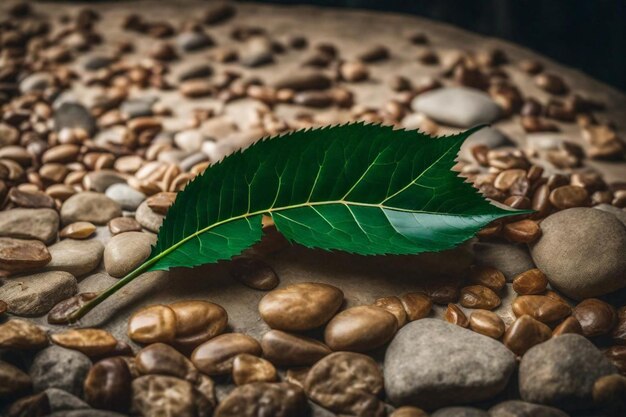 Photo une feuille qui est sur une table avec des grains de café