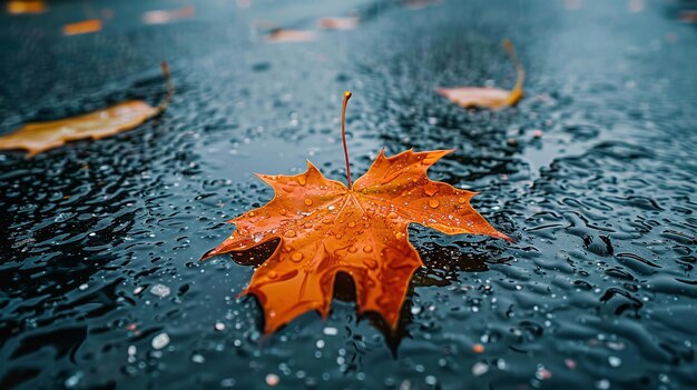 une feuille qui est sur une voiture avec des gouttes de pluie