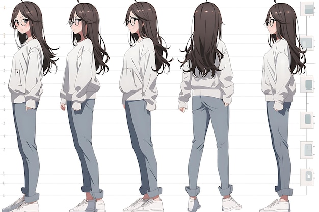 Feuille de retournement d'art conceptuel de personnage d'anime 2D présentant différents styles de mode et de vêtements