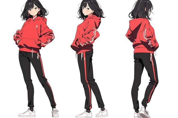 Feuille de retournement d'art conceptuel de personnage d'anime 2D présentant différents styles de mode et de vêtements