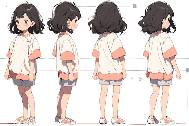 Feuille de retournement d'art conceptuel de personnage d'anime 2D présentant différents styles de mode et de vêtements