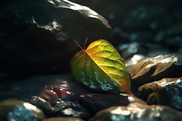 Une feuille sur un rocher