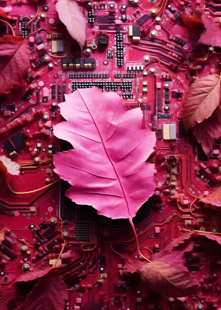 Photo une feuille rose se trouve sur un circuit imprimé avec un circuit imprimé rouge en arrière-plan.