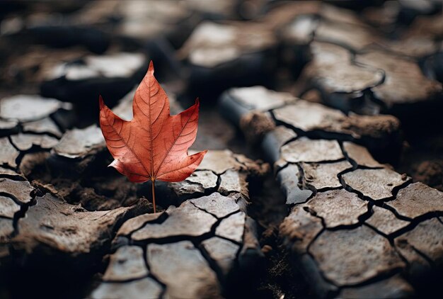 Photo une feuille rouge est sur une terre sèche et fissurée