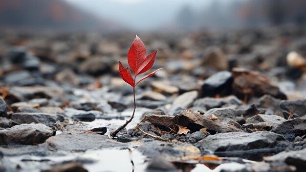 une feuille rouge pousse du sol dans une flaque d'eau