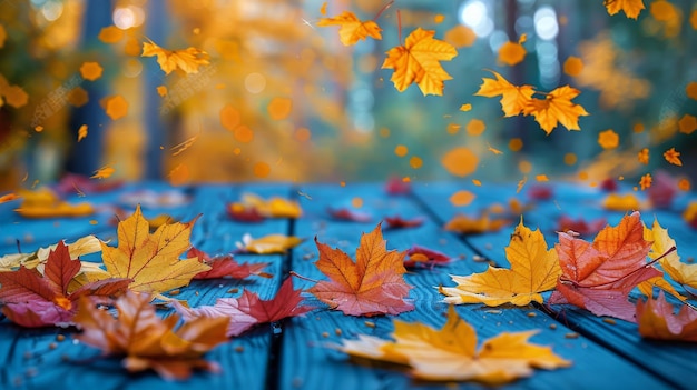 Une feuille rouge sur une table en bois