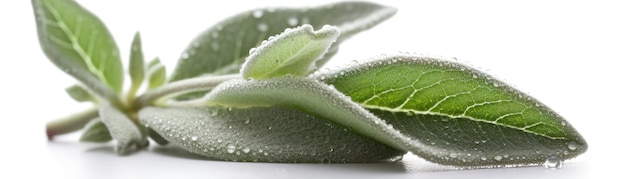 Une feuille de sauge verte est posée sur une table blanche avec des gouttelettes d'eau en arrière-plan.